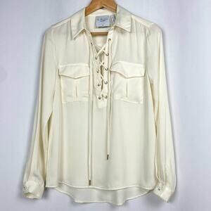 L'Academie Lace Up Front Blouse Size XS Ivory‎ Cream Silky Satin Neutral Top